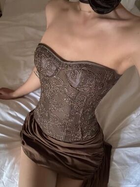 Strapless Brown Lace Appliqué Corset Top